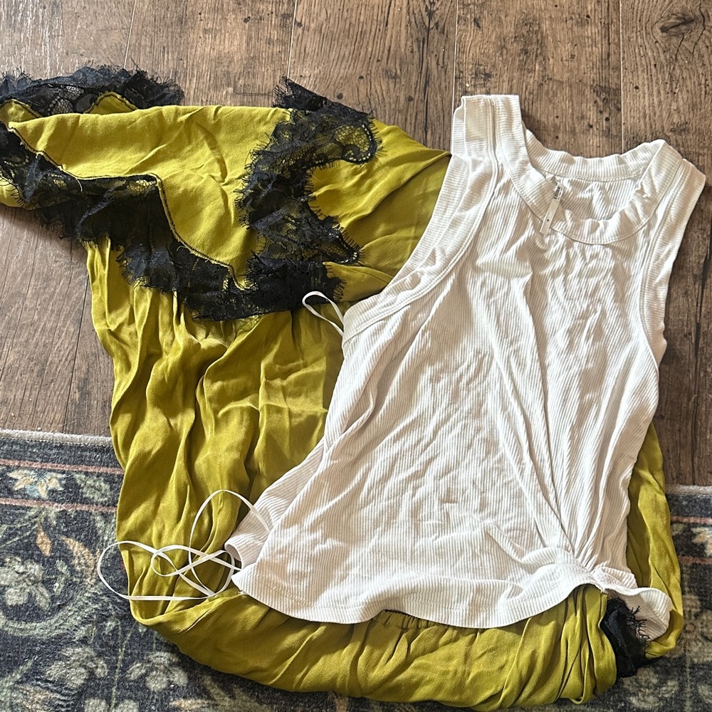 Anthropologie White and Olive Chemise with Black Lace